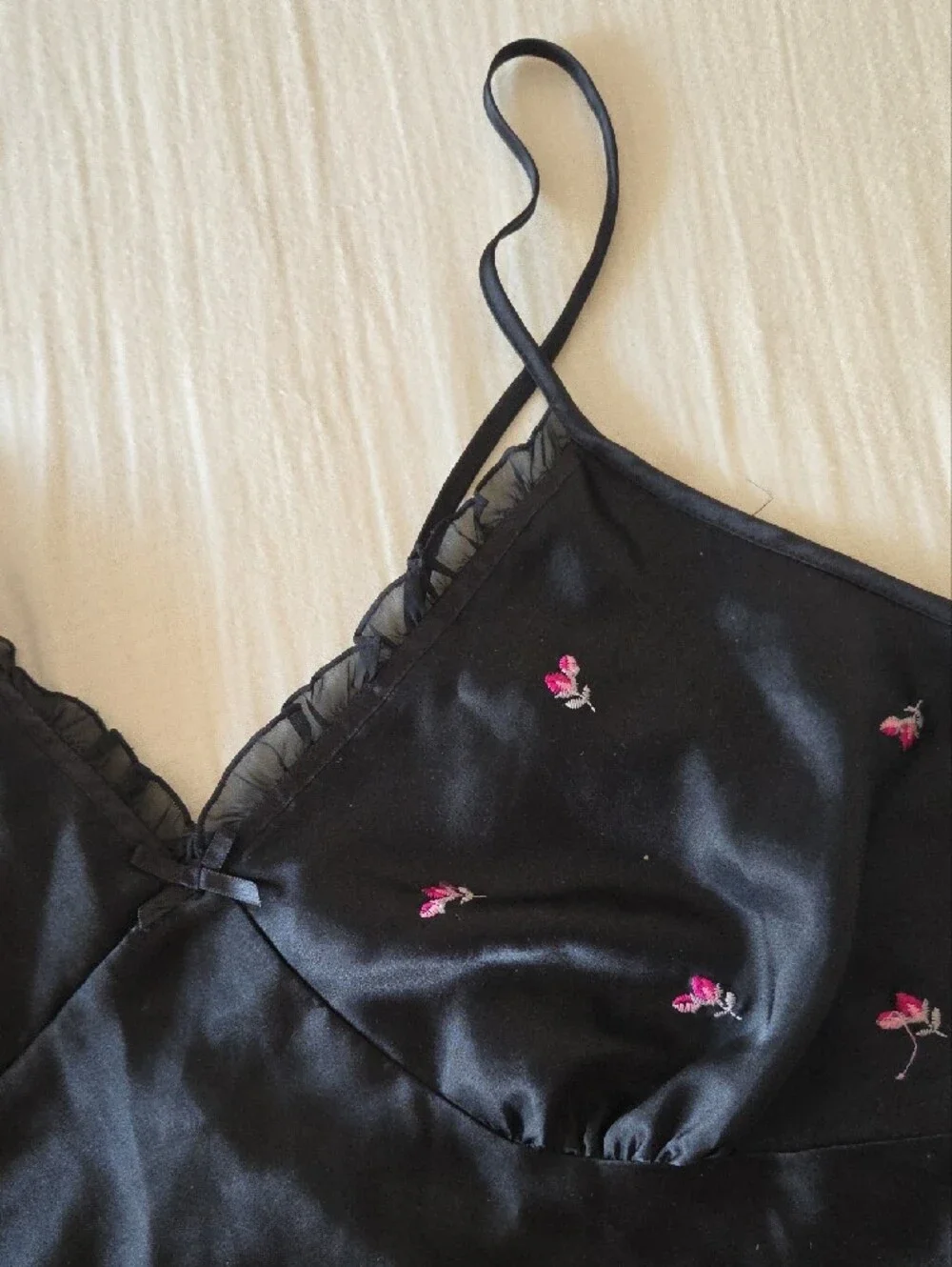 Black Satin Slip with Pink Floral Embroidery